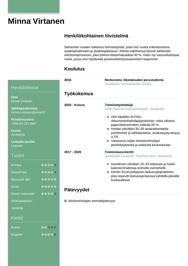 Toimistotyontekija CV-pohja — Tyyli 8
