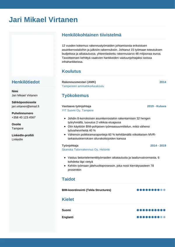 Tyonjohtaja CV-pohja — Tyyli 9