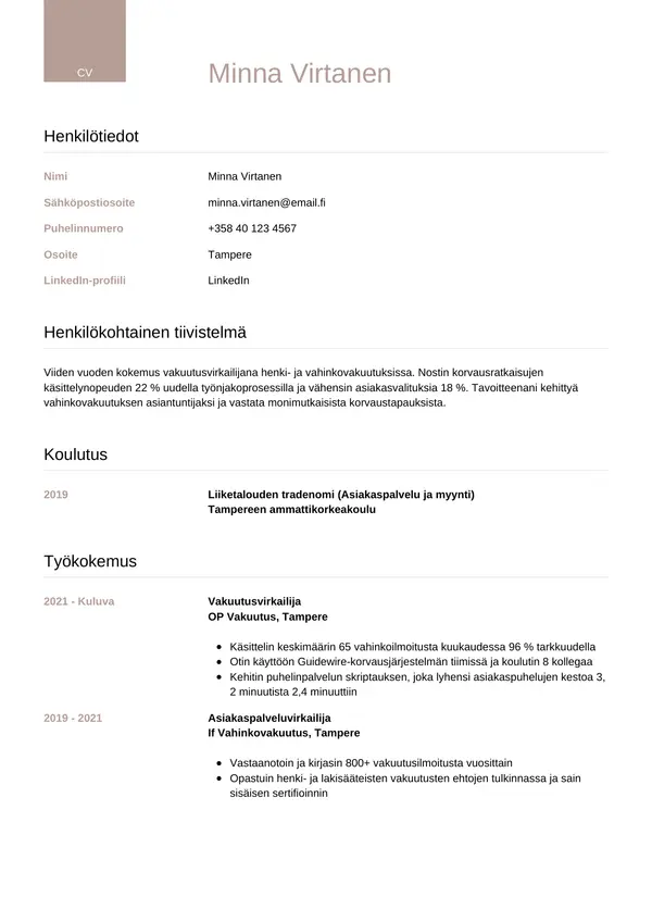 Vakuutusvirkailija CV-pohja — Tyyli 6