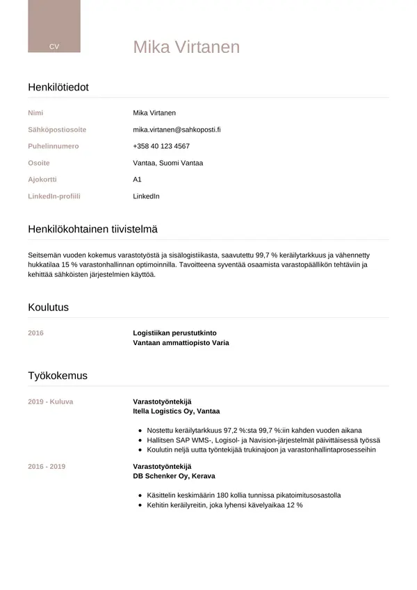 Varastotyontekija CV-pohja — Tyyli 6