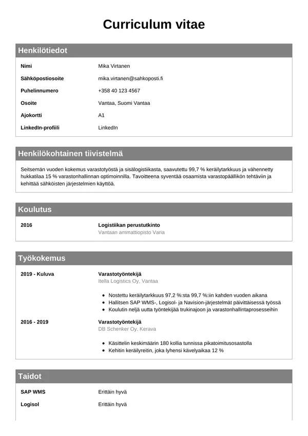 Varastotyontekija CV-pohja — Tyyli 7
