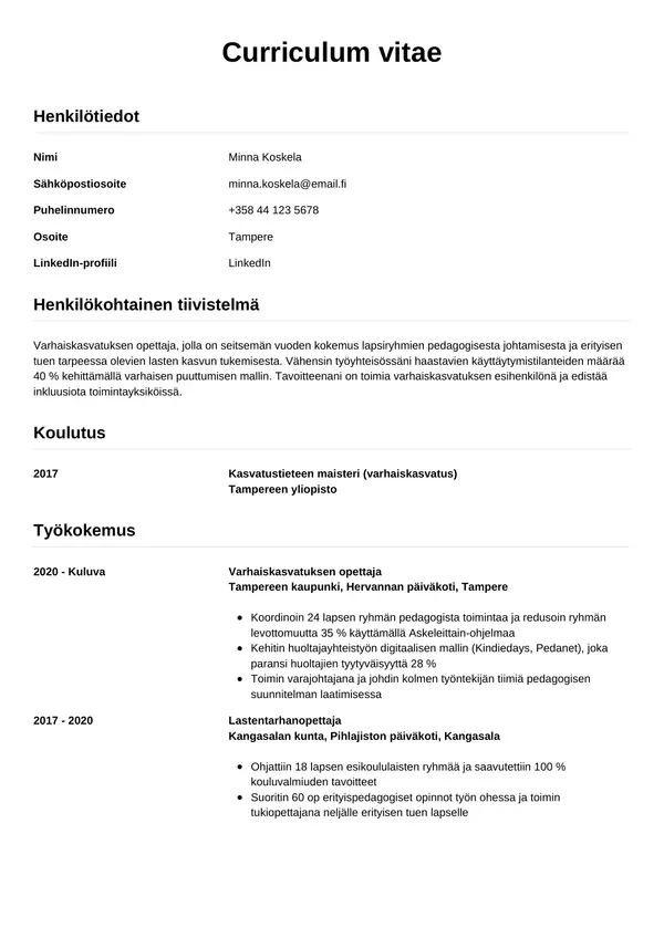 Varhaiskasvatuksen Opettaja CV-pohja — Tyyli 12