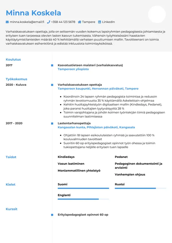 Varhaiskasvatuksen Opettaja CV-pohja — Tyyli 2