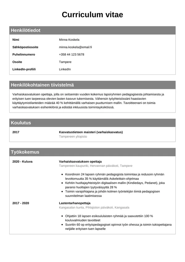 Varhaiskasvatuksen Opettaja CV-pohja — Tyyli 7