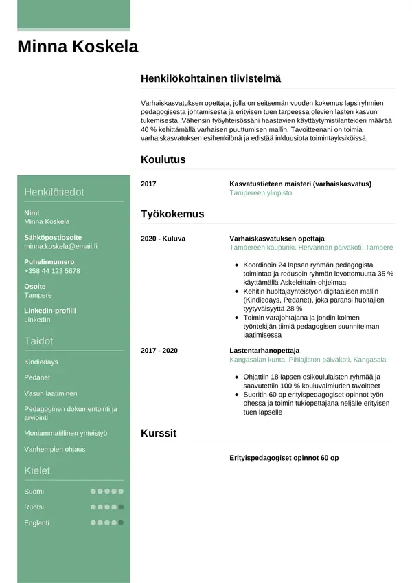 Varhaiskasvatuksen Opettaja CV-pohja — Tyyli 8