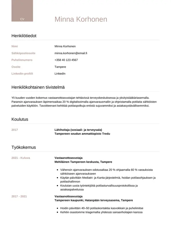 Vastaanottoavustaja CV-pohja — Tyyli 6