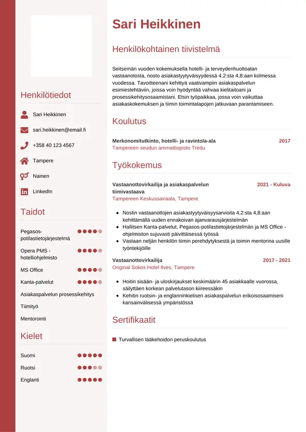 Vastaanottovirkailija CV-pohja — Tyyli 10