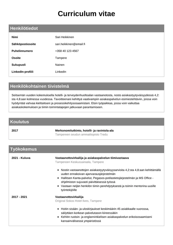 Vastaanottovirkailija CV-pohja — Tyyli 7