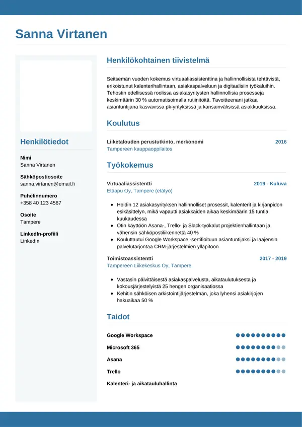 Virtuaaliassistentti CV-pohja — Tyyli 9